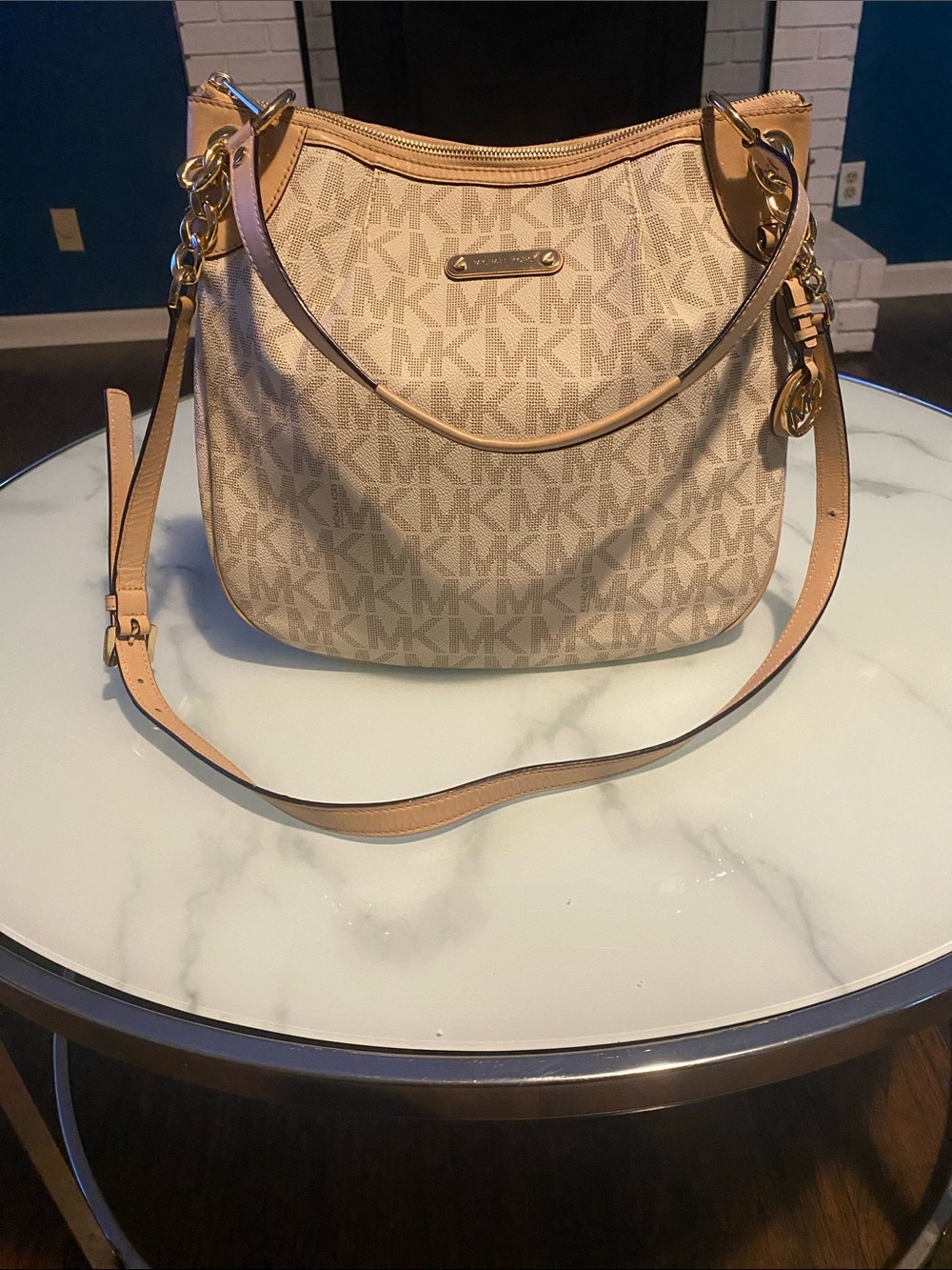 Michael Kors Tan and Beige Signature MK Shoulder Bag